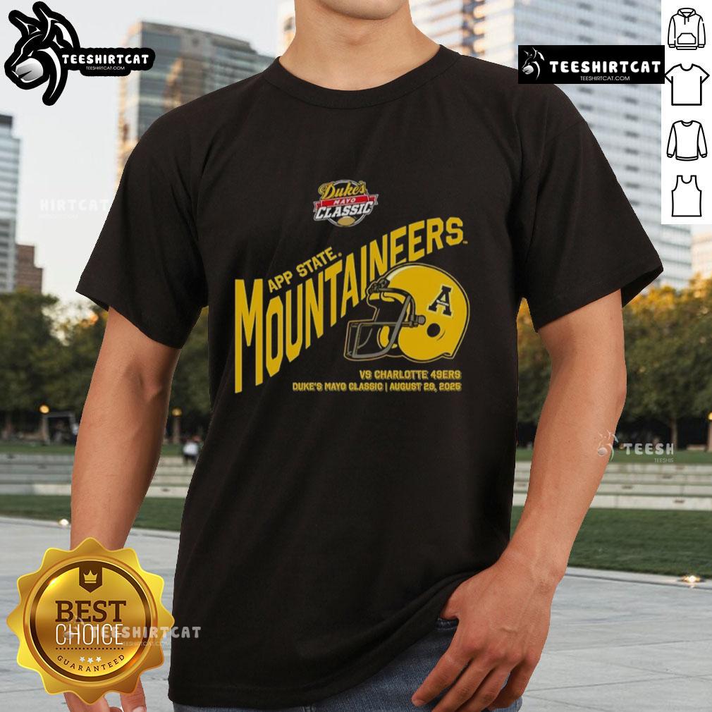 Appalachian State Mountaineers Football Duke's Mayo Classic 2025 helmet t-shirt featuring team colors and logo.