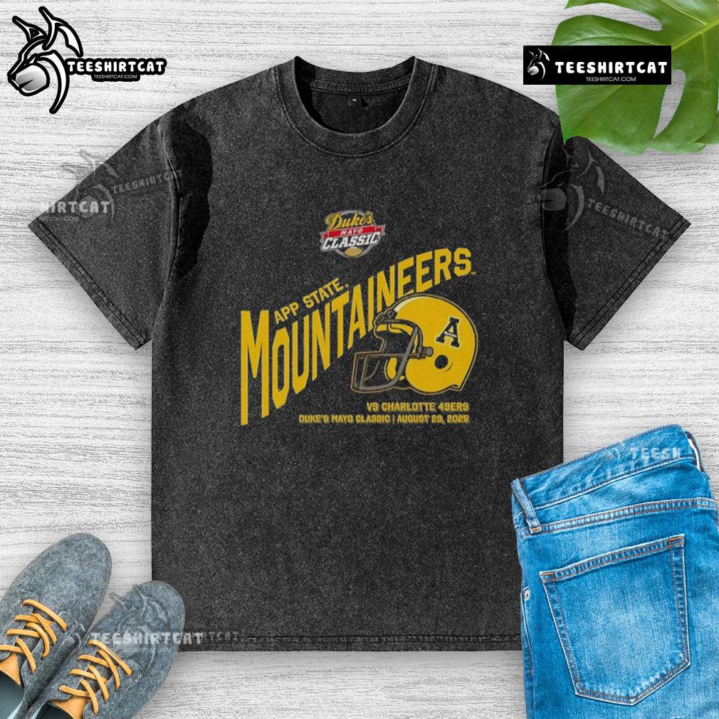 Alt Text: Appalachian State Mountaineers football 2025 Dukes Mayo Classic washed t-shirt featuring team helmet design.