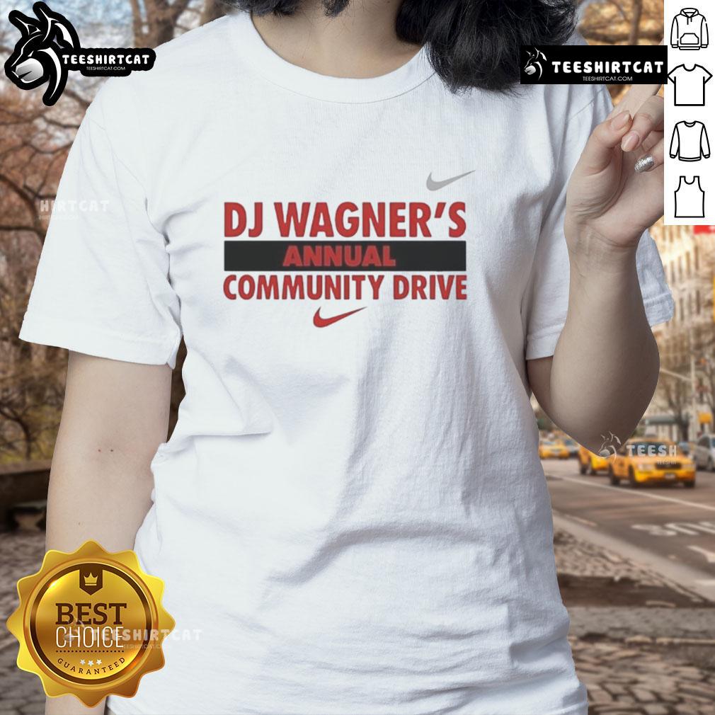 Good DJ Wagner's Annual Community Drive Ladies Tee featuring vibrant design, perfect for supporting local charity events.