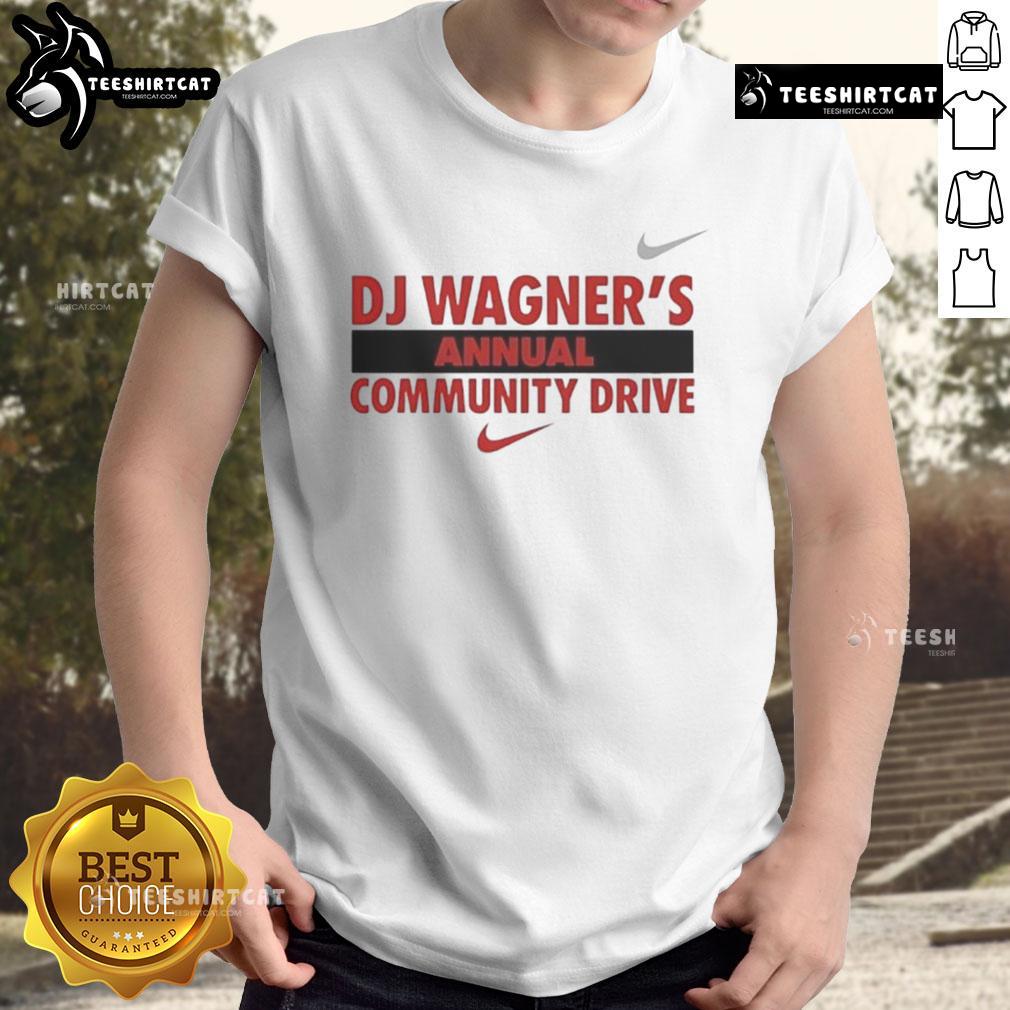 Alt Text: Good DJ Wagner's Annual Community Drive T-Shirt featuring vibrant design and event logo for charity support.