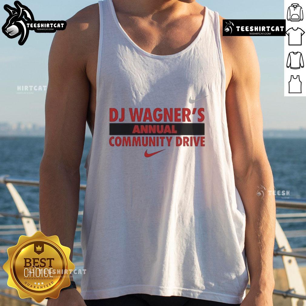 Alt Text: Good DJ Wagners Annual Community Drive tank top featuring vibrant graphics and event details for local charity support.