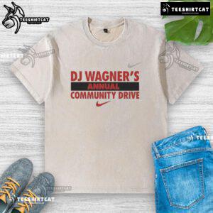 Good DJ Wagner's Annual Community Drive washed t-shirt featuring vibrant design and event details for charity support.