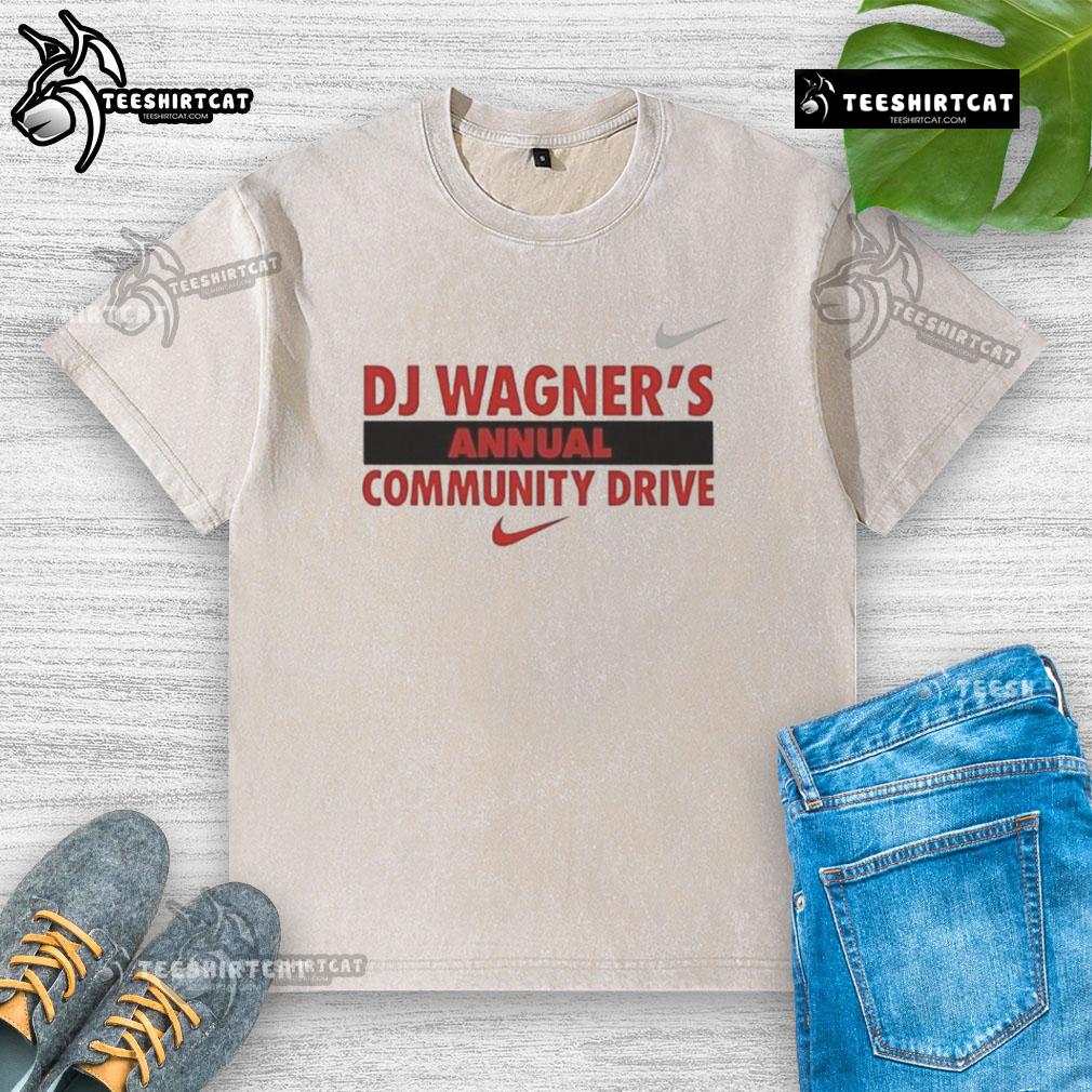 Good DJ Wagner's Annual Community Drive washed t-shirt featuring vibrant design and event details for charity support.