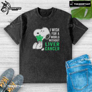 Good Snoopy I Wish For A World Without Liver Cancer washed t-shirt featuring a playful Snoopy design promoting cancer awareness.