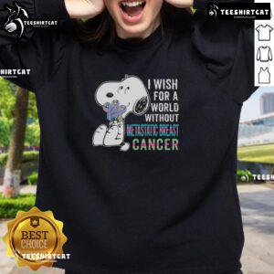 Good Snoopy sweatshirt wishing for a world without metastatic breast cancer, promoting awareness and support for the cause.
