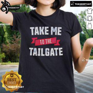 Happy Take Me To The Tailgate Ladies Tee featuring vibrant colors and a fun design perfect for game day celebrations.