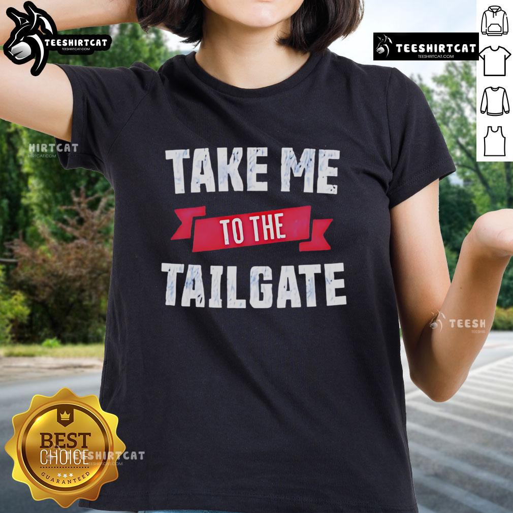 Happy Take Me To The Tailgate Ladies Tee featuring vibrant colors and a fun design perfect for game day celebrations.
