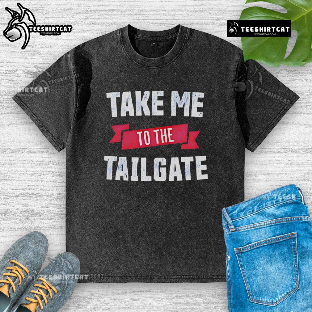 Happy Take Me To The Tailgate washed t-shirt featuring a fun graphic, perfect for game day and tailgating events.