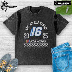 2025 NASCAR Cup Series Playoffs Hot Round of 16 Checkered Washed T-Shirt featuring vibrant racing graphics.