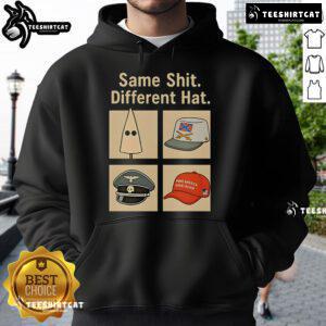 Vintage anti-Trump hoodie featuring 'Hot Same Shit Different Hat' slogan, perfect for political activism and casual wear.