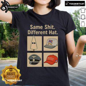 Vintage anti-Trump ladies tee featuring 'Hot Same Shit Different Hat' slogan in bold lettering on a stylish shirt.
