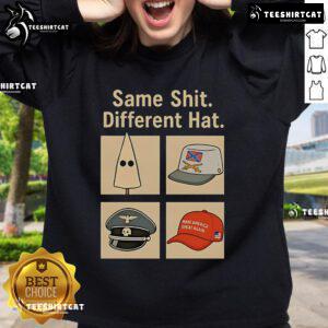 Vintage Anti-Trump sweatshirt featuring 'Hot Same Shit Different Hat' slogan, perfect for political statement wear.