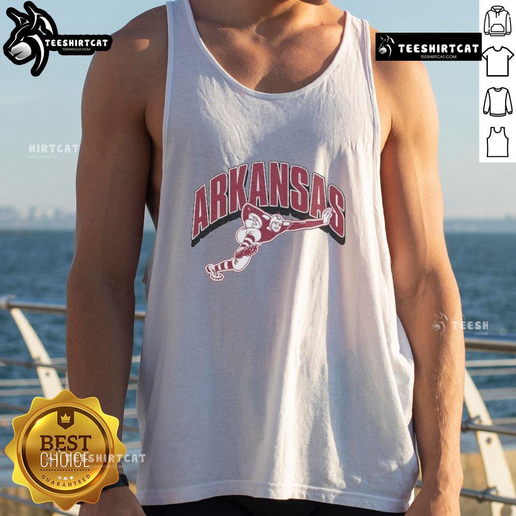 Alt Text: Nice Arkansas Razorbacks Heisman mascot tank top featuring a bold design, perfect for game day apparel.