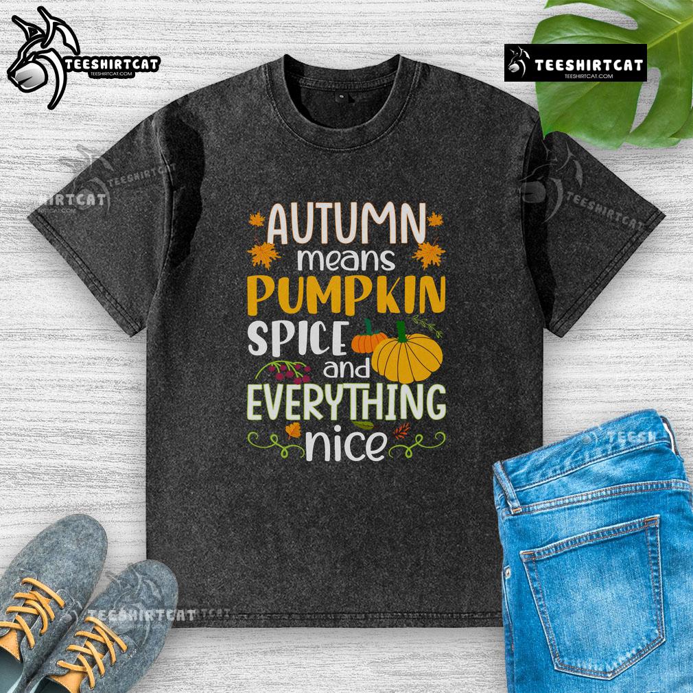 Cozy washed t-shirt featuring 'Nice Autumn Means Pumpkin Spice and Everything Nice' design, perfect for fall fashion.