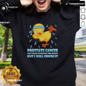 Cartoon chick performing karate kick, promoting Prostate Cancer awareness with the message: 'May have started the fight, but I will finish it.'