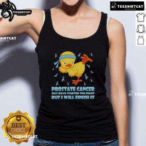 Cartoon chick performing a karate kick on a tank top, symbolizing strength in the fight against prostate cancer.