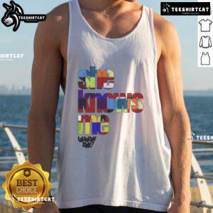 Model wearing Nice-Daundry-Lay-She-Knows-Me tank top, showcasing a stylish and trendy design perfect for summer outfits.
