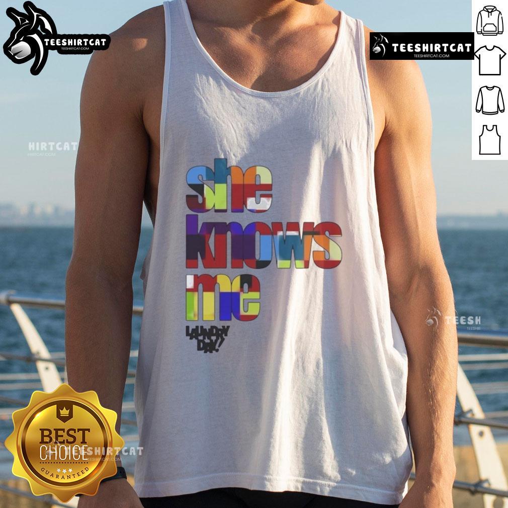 Model wearing Nice-Daundry-Lay-She-Knows-Me tank top, showcasing a stylish and trendy design perfect for summer outfits.
