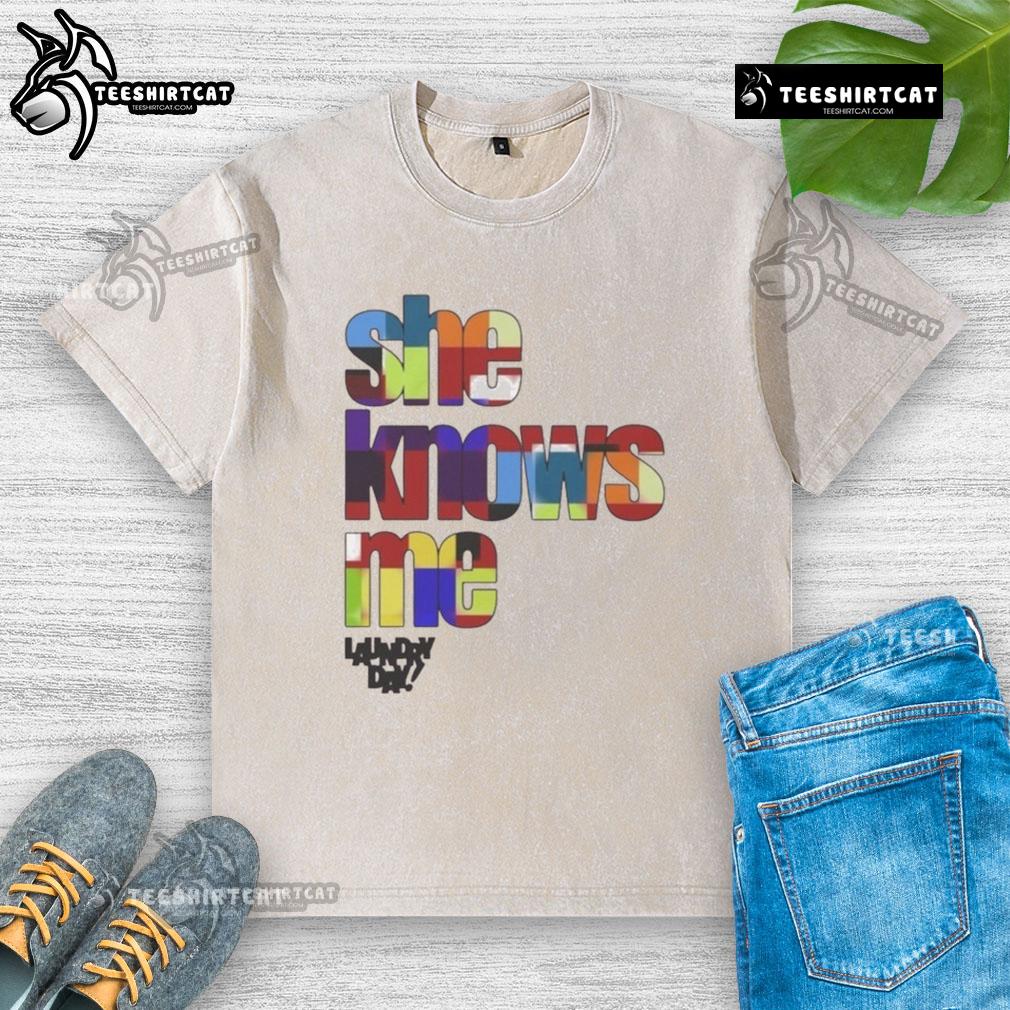 Woman wearing a washed t-shirt with 'Nice Laundry Lay' design, showcasing personal style and comfort.