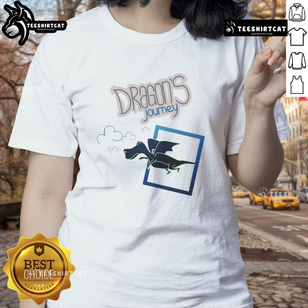 Alt Text: Cartoon fantasy dragon flying with ladies in a colorful scene for 'Nice Dragons Journey' tee design.