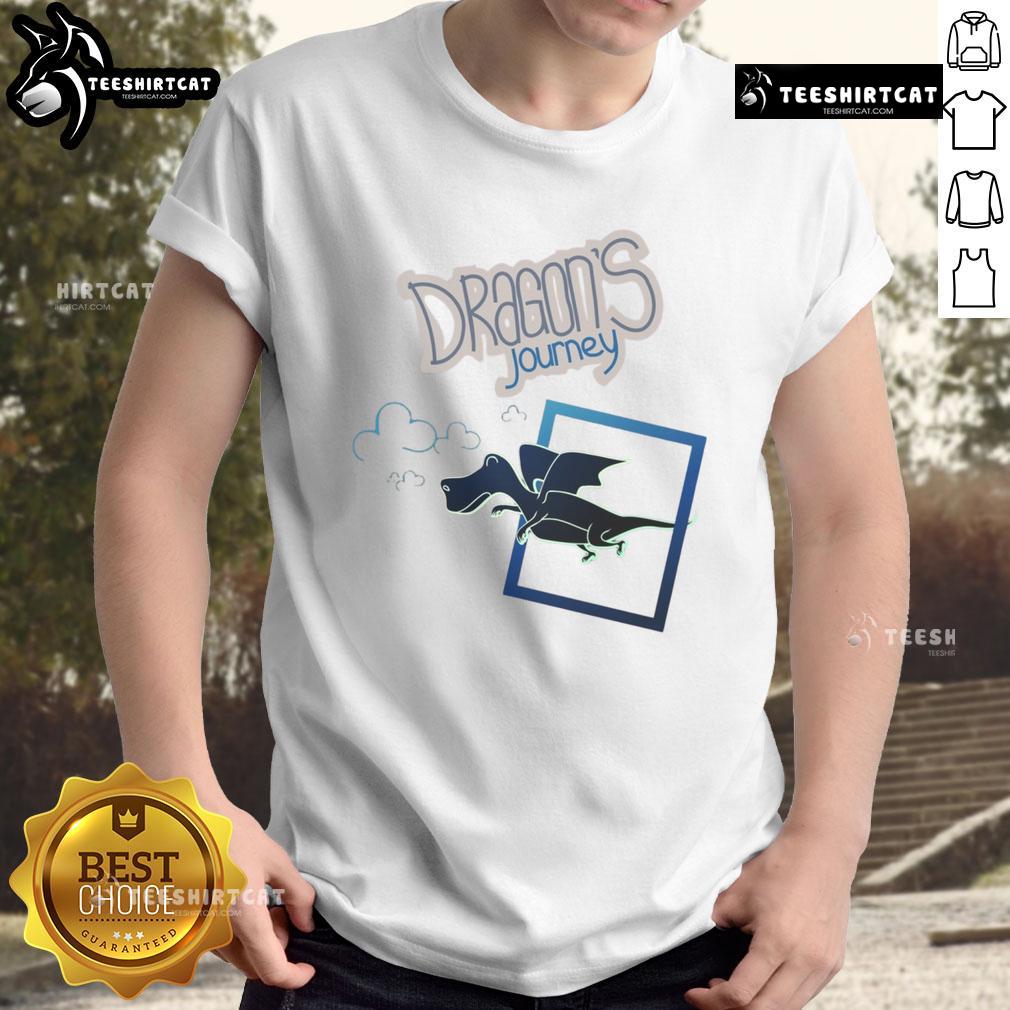 Alt Text: Colorful cartoon fantasy dragon flying on a T-shirt, titled 'Nice Dragon's Journey', perfect for dragon lovers.