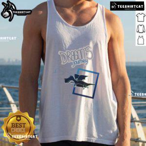 Cartoon fantasy dragon flying over a landscape, featured on a trendy tank top design titled 'Nice Dragons Journey'.