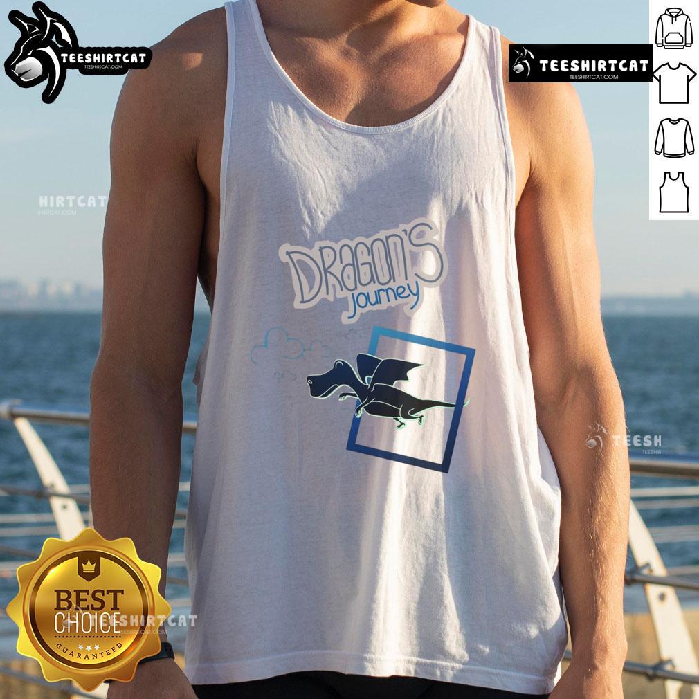 Cartoon fantasy dragon flying over a landscape, featured on a trendy tank top design titled 'Nice Dragons Journey'.
