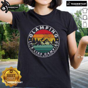 Vintage sunset tee for ladies featuring 'Nice Glamping: It's Like Camping with Electricity, Wine, and Dirt' design.