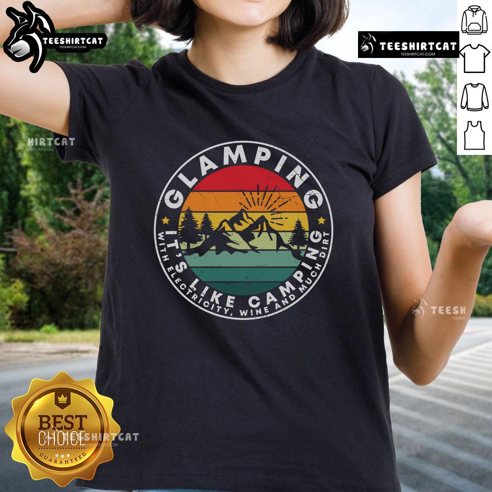 Vintage sunset tee for ladies featuring 'Nice Glamping: It's Like Camping with Electricity, Wine, and Dirt' design.