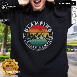 Cozy vintage sweatshirt featuring 'Nice Glamping' design, perfect for camping with electricity and wine at sunset.
