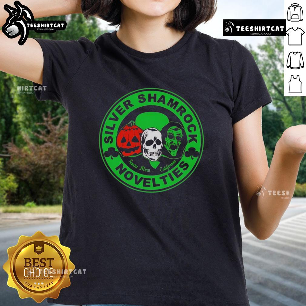 Alt Text: Ladies' tee featuring Nice Silver Shamrock Novelties Halloween character design, perfect for spooky season festivities.