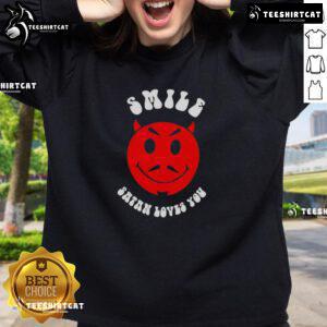 Cozy Nice Smile Satan Loves You Sweatshirt in black, featuring a playful graphic design perfect for casual wear.