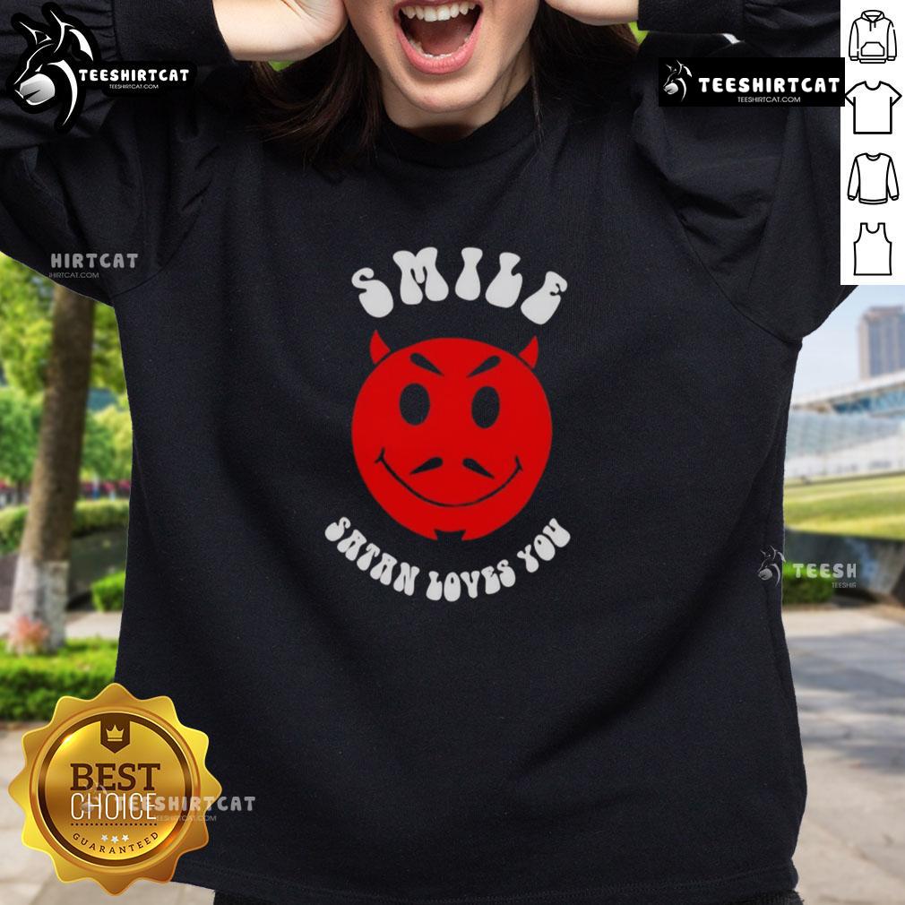 Cozy Nice Smile Satan Loves You Sweatshirt in black, featuring a playful graphic design perfect for casual wear.