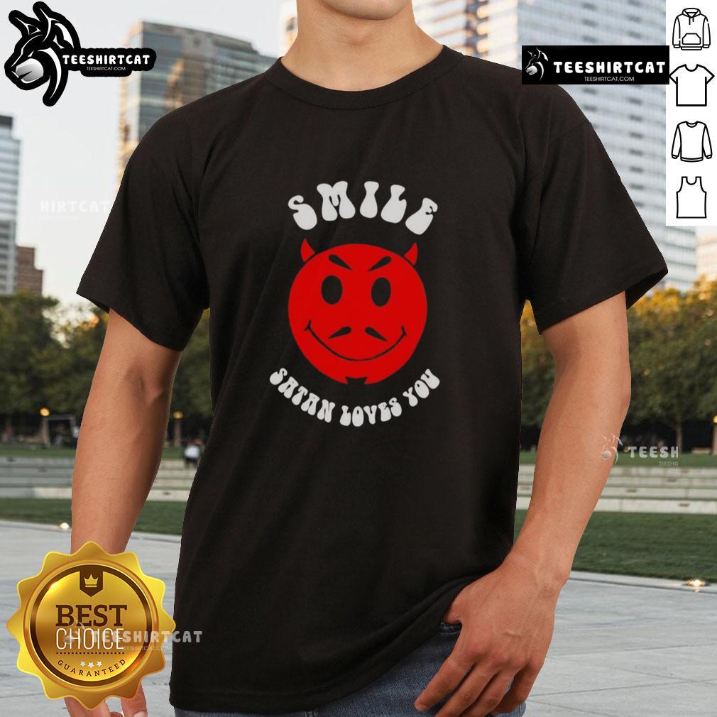 Nice Smile Satan Loves You T-Shirt featuring a playful graphic design and vibrant colors, perfect for unique fashion statements.