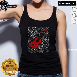 Ukulele player wearing a tank top, surrounded by musical notes, showcasing passion for music as a dedicated music teacher.
