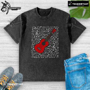 Uke player in a washed t-shirt playing a nice ukulele with musical notes, showcasing a vibrant music lesson vibe.
