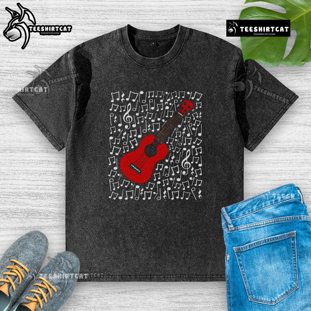 Uke player in a washed t-shirt playing a nice ukulele with musical notes, showcasing a vibrant music lesson vibe.