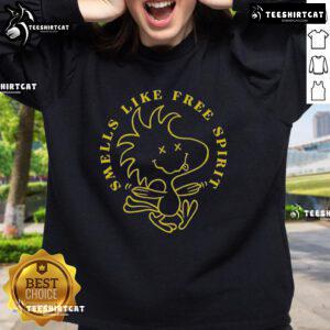 Alt Text: Cozy 'Nice Woodstock Smells Like Free Spirit' sweatshirt featuring vibrant colors and a casual design, perfect for festivals.