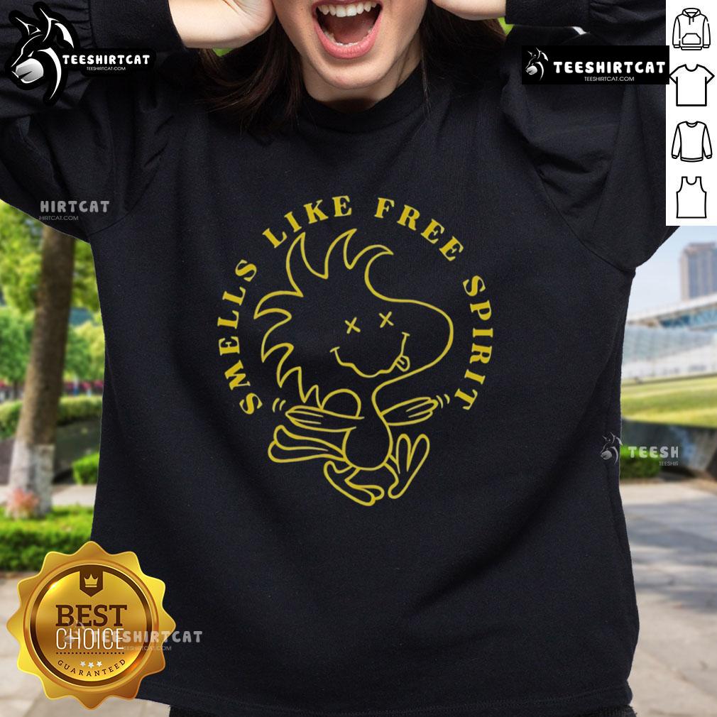 Alt Text: Cozy 'Nice Woodstock Smells Like Free Spirit' sweatshirt featuring vibrant colors and a casual design, perfect for festivals.