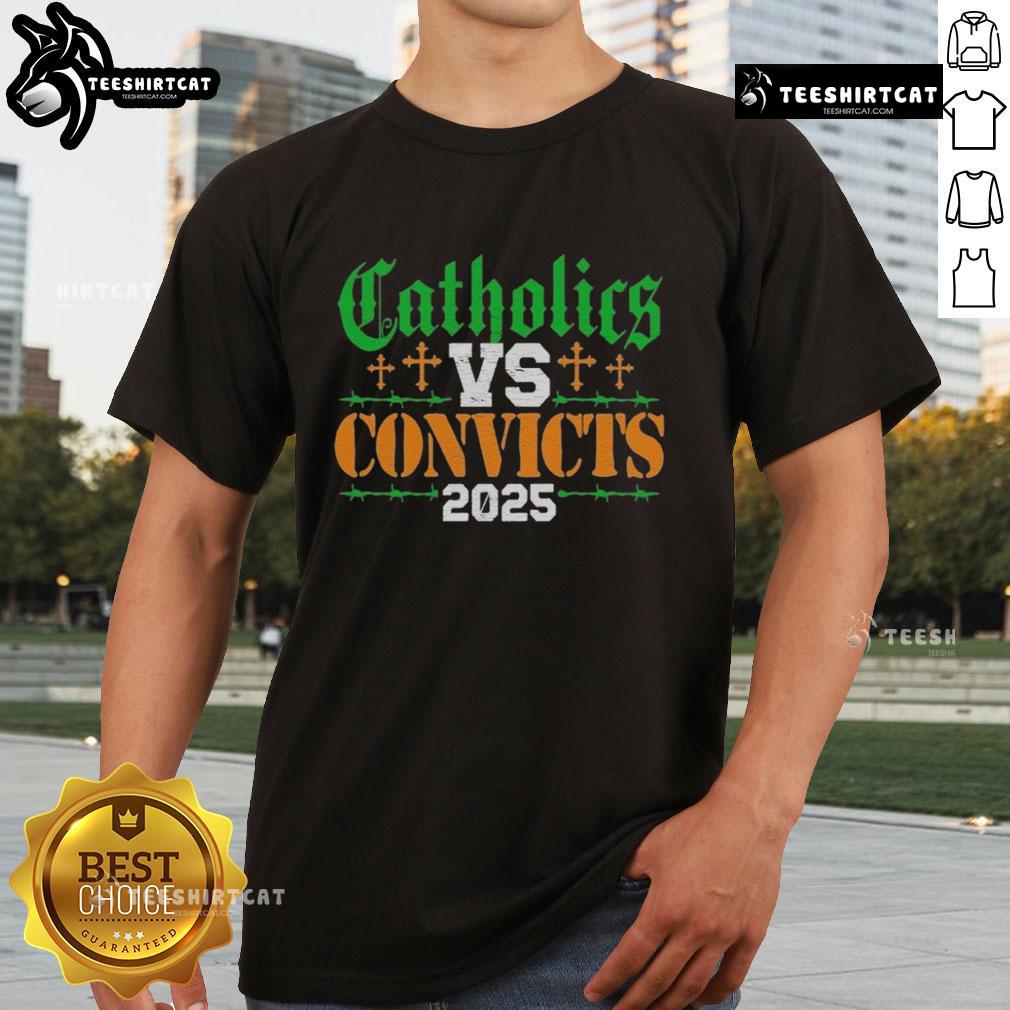 Official Catholics Vs Convicts 2025 T-Shirt featuring bold graphics and vibrant colors for fans of the iconic rivalry.