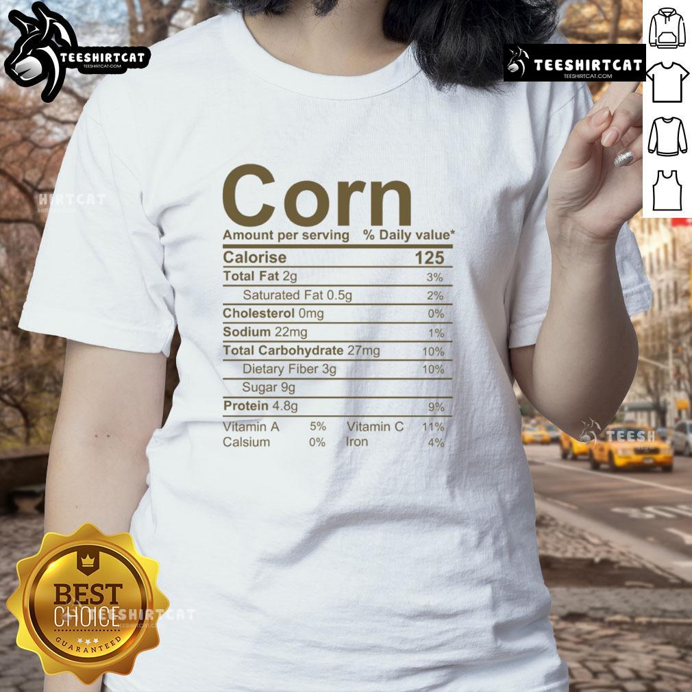 Official Corn Thanksgiving Food Nutrition Facts on a stylish ladies' tee, perfect for holiday gatherings and culinary enthusiasts.