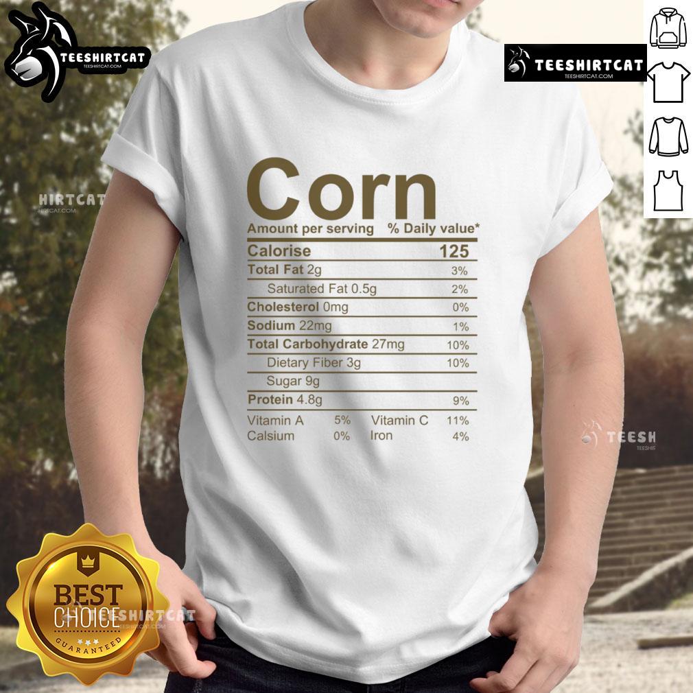 Official Corn Thanksgiving Food Nutrition Facts T-Shirt featuring vibrant graphics and festive designs for holiday celebrations.