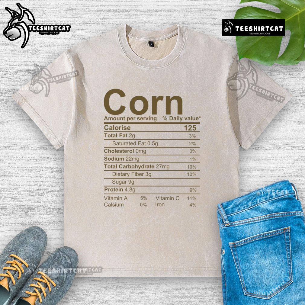 Official Corn Thanksgiving Food Nutrition Facts T-Shirt featuring colorful graphics and fun holiday-themed design.