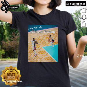Official Curry LeBron Basketball USA Almost Friday Ladies Tee featuring vibrant graphics and a stylish fit for fans.