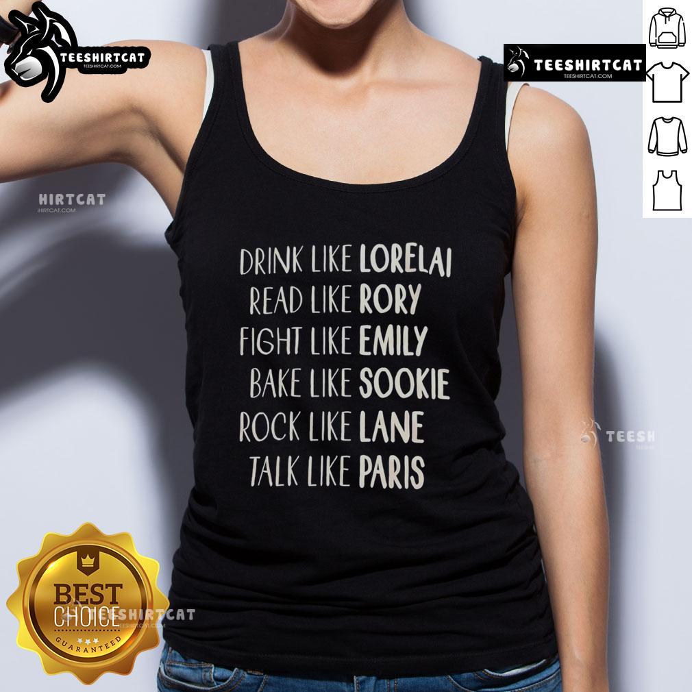 Official 'Drink Like Lorelai, Read Like Rory' tank top featuring vibrant design, perfect for fans of Gilmore Girls.