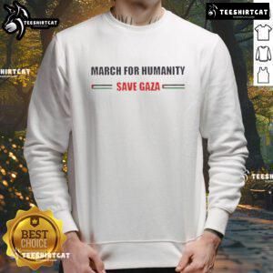 Official Free Peace March for Humanity Save Gaza sweatshirt featuring a bold peace logo and vibrant colors.