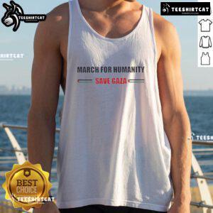 Official Free Peace March for Humanity Save Gaza tank top featuring bold graphics promoting peace and unity.