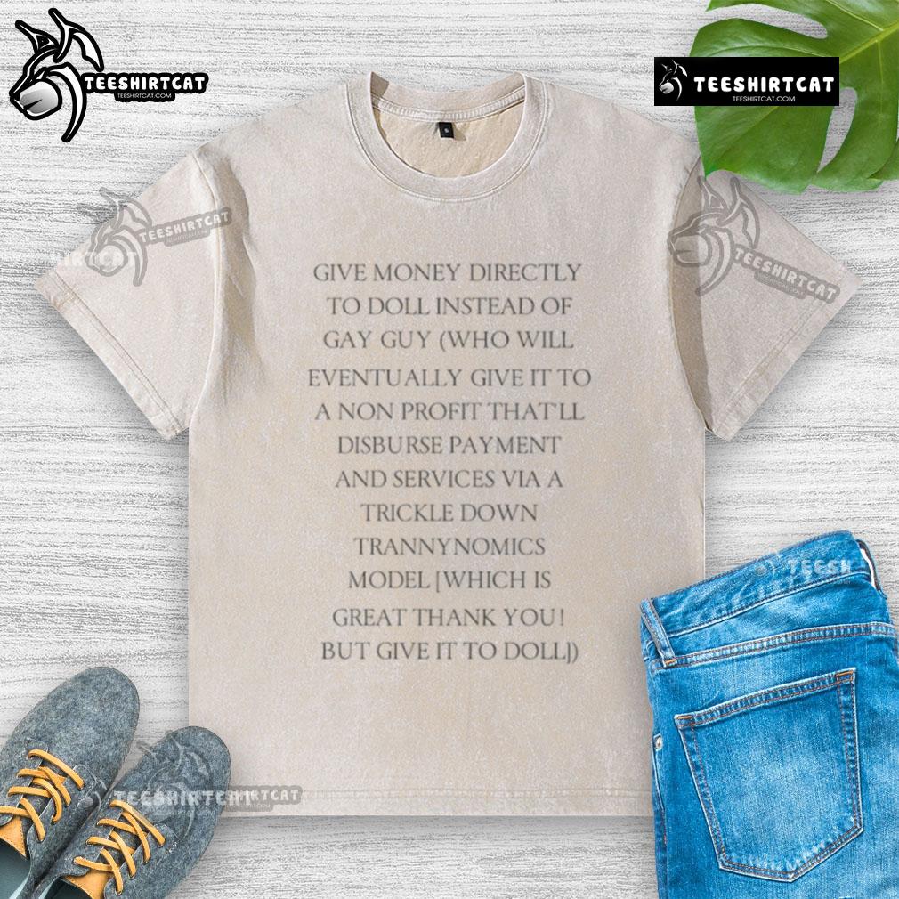 Official cartoon image advocating to give money directly to a doll instead of a man in a non-washed T-shirt.