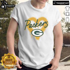 Alt Text: Official Green Bay Packers Football Spray Heart T-Shirt featuring a stylish heart design in team colors.