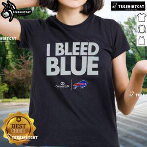 Alt Text: Official I Bleed Blue Buffalo Bills logo ladies tee featuring bold team colors and stylish design for female fans.
